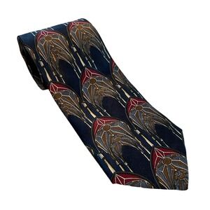 STRUCTURE Silk Art Deco Geometric Pattern Necktie Navy Blue Men's Formal